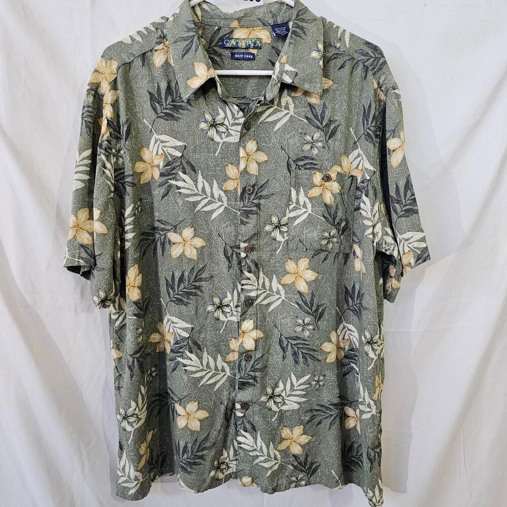 #0205 Campia Men XL Hawaiian Shirt Sage Olive Green Floral Hibiscus 100% Rayon